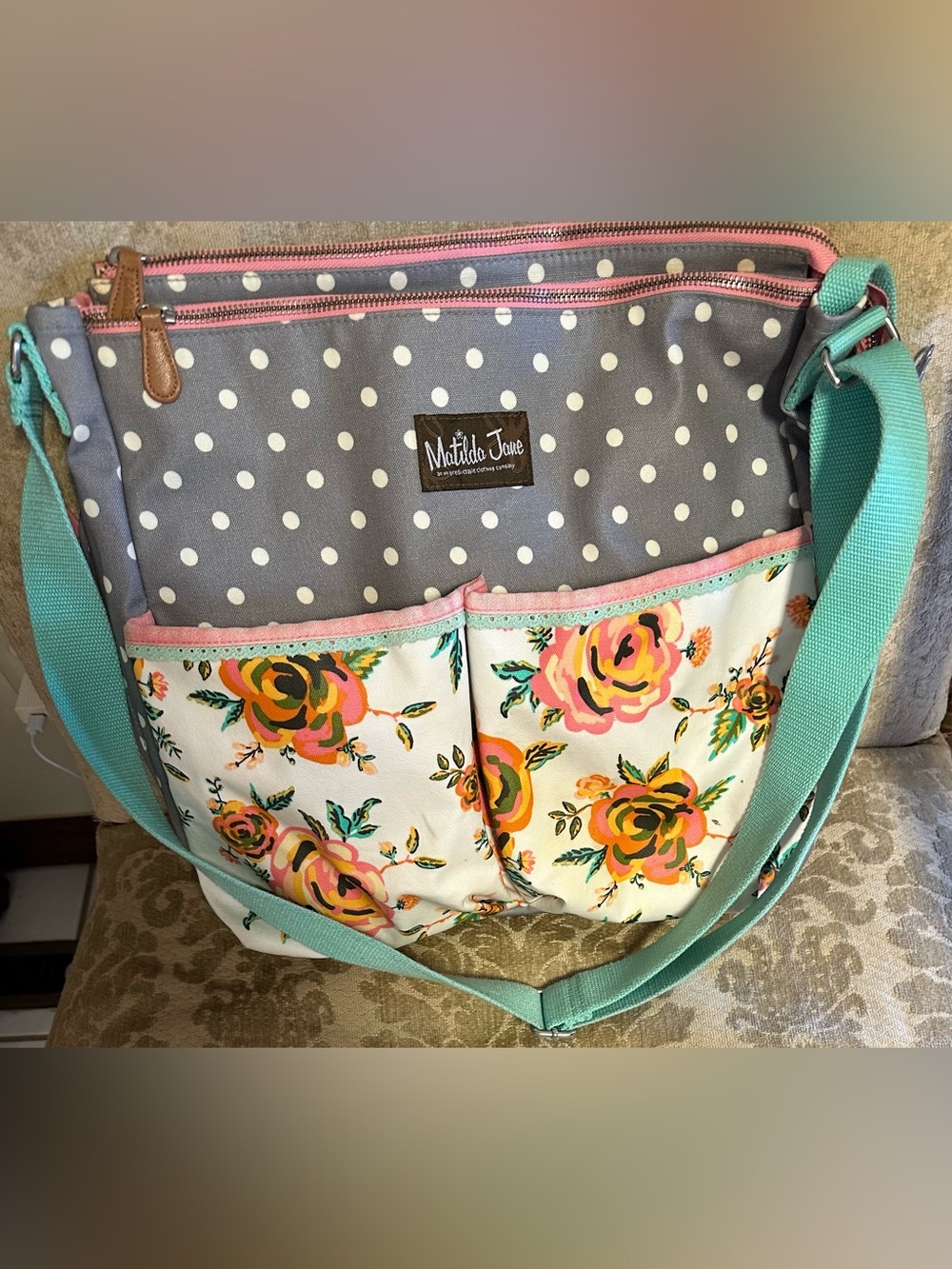 Matilda Jane Diaper Bag Gray White Pink Floral Dots Crossbody